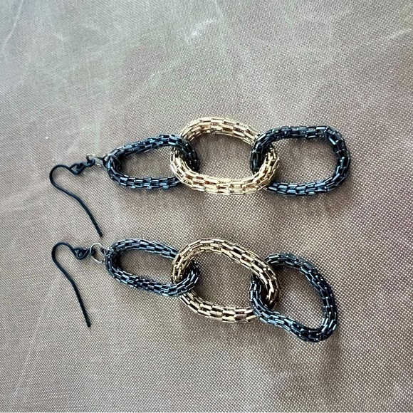 Gunmetal and Gold Chain Earrings - Picture 2 of 3